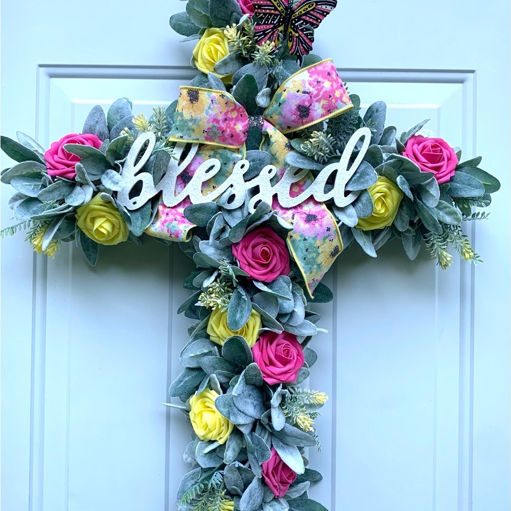 Handmade Cross Shaped Wreath, Religious Decor, Home Decor